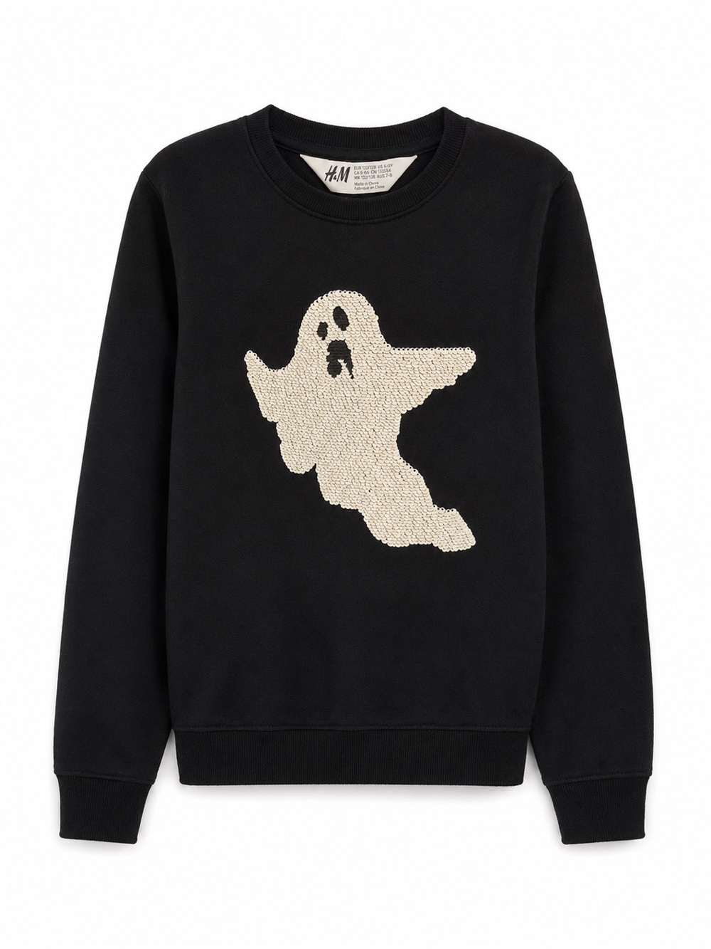 H&M Black Crewneck Sweater with Cream Ghost Patch